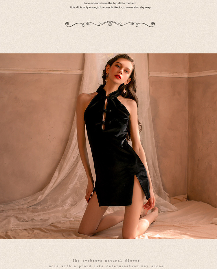 Vintage Velvet Cheongsam Dress (Black) — view 3 of 5